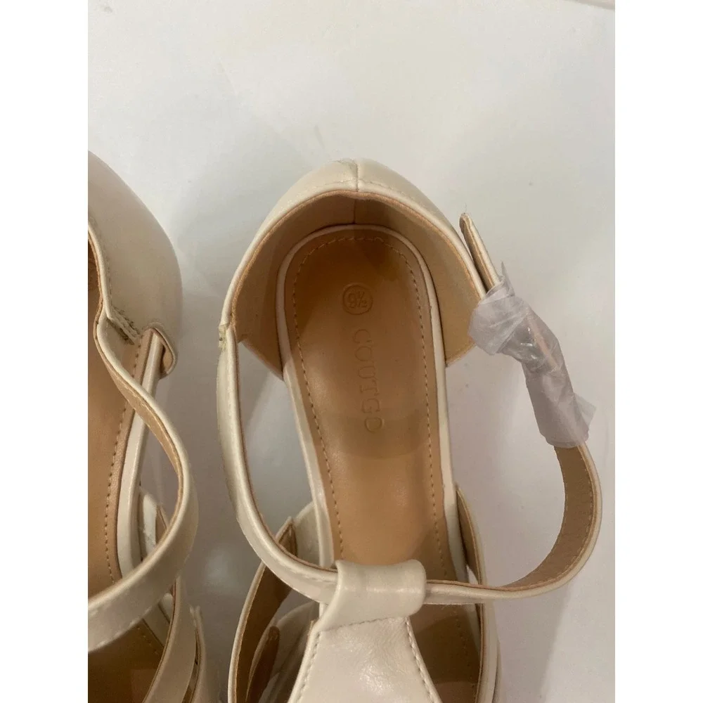 Coutgo Womens Cream T-Strap Pointed Toe Caged Kitten Heels Pumps Size‎ 9.5